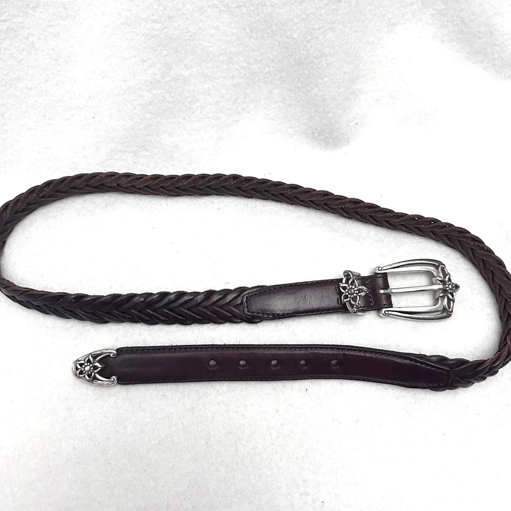 Brighton L 34 Espresso Brown Braided Leather Belt Silver Floral Western Buckle